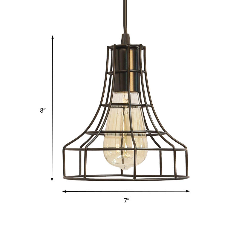 Hanging Ceiling Pendant Light with Bell Cage Shade - Industrial Metal Design for Dining Room - Direct Wired or Plug-In Option