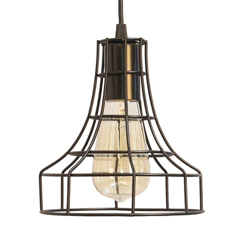 Hanging Ceiling Pendant Light with Bell Cage Shade - Industrial Metal Design for Dining Room - Direct Wired or Plug-In Option