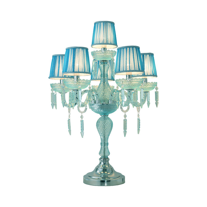 Traditional Crystal Blue Nightstand Lamp With Fabric Shade - Sleep In Style 5/6/7 Bulb Candlestick