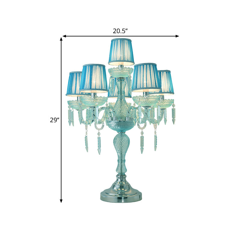 Traditional Crystal Blue Nightstand Lamp With Fabric Shade - Sleep In Style 5/6/7 Bulb Candlestick