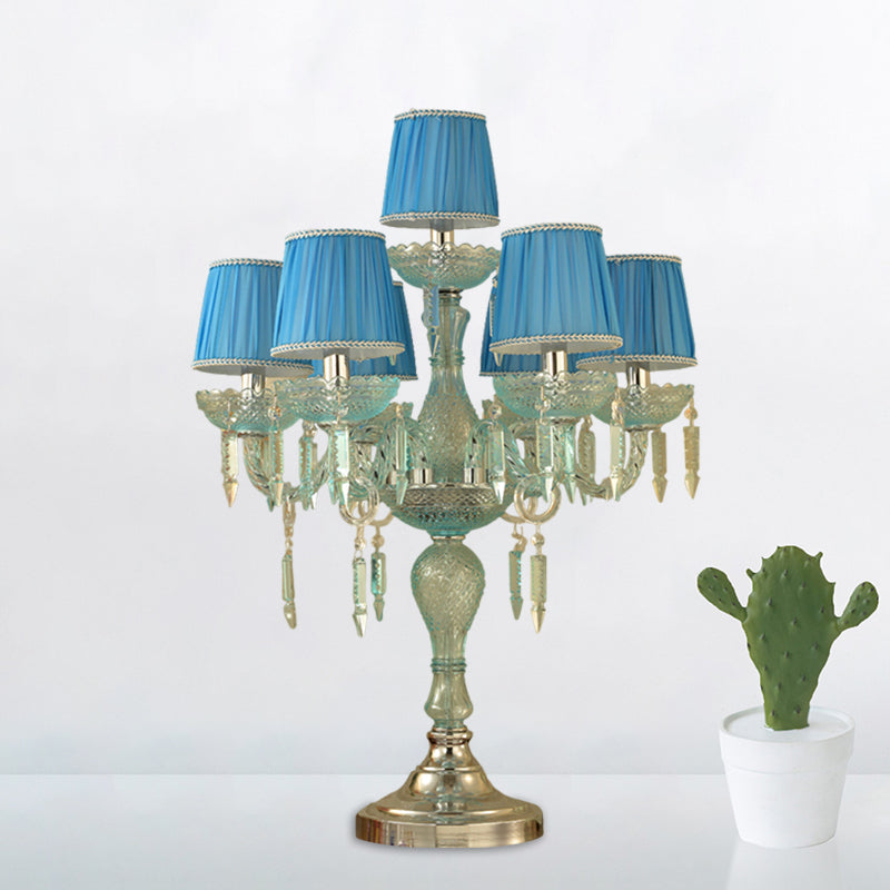 Traditional Crystal Blue Nightstand Lamp With Fabric Shade - Sleep In Style 5/6/7 Bulb Candlestick