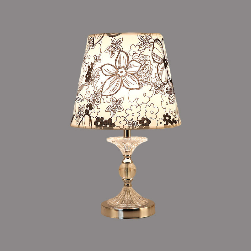 Silver Crystal Nightstand Lamp: Flower-Patterned Shade Fabric Table Light For Traditional Living