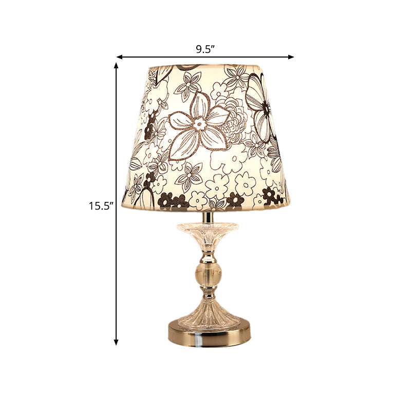 Silver Crystal Nightstand Lamp: Flower-Patterned Shade Fabric Table Light For Traditional Living