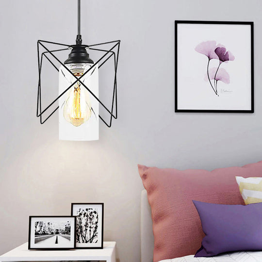 Industrial Bedroom Pendant Light with Metal Wire Frame Shade - Sleek Hanging Ceiling Fixture