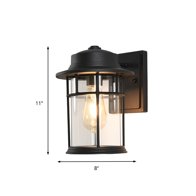 Black Industrial Sconce Light With Clear Glass Cylinder And Rectangle/Round Backplate