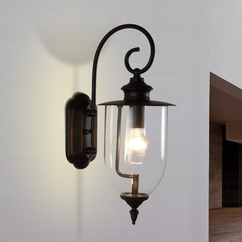 Outdoor Clear Glass Wall Mounted Lamp - Industrial Single Bulb Sconce Light With Curved Arm