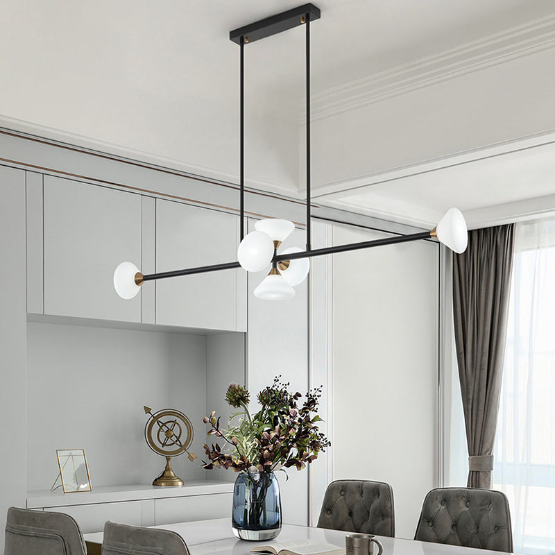 Contemporary 6/10-Head Led Island Pendant Light With White Glass Shades - Black Linear Ceiling