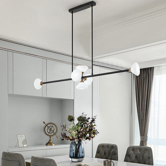 Contemporary 6/10-Head Led Island Pendant Light With White Glass Shades - Black Linear Ceiling