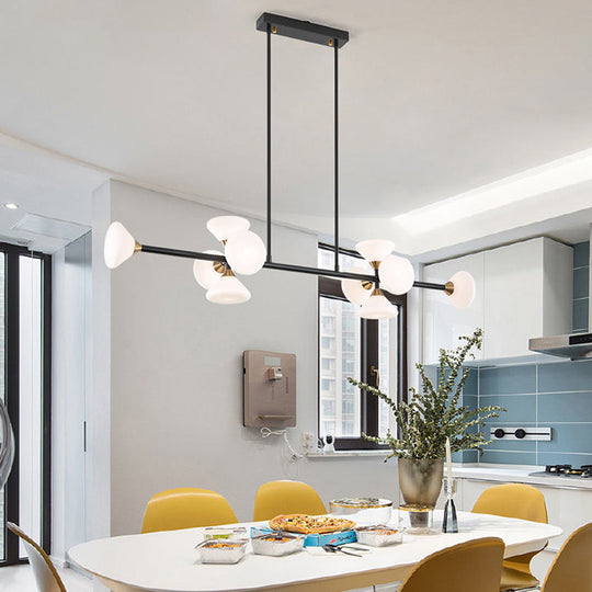 Contemporary 6/10-Head Led Island Pendant Light With White Glass Shades - Black Linear Ceiling