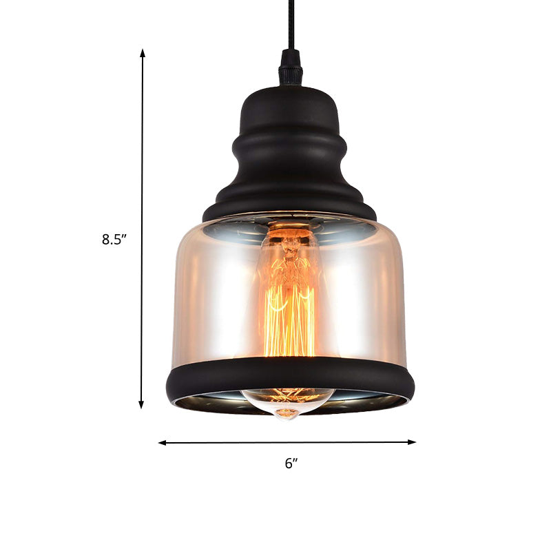 Black Industrial Cylinder Pendant Lighting - Clear Glass Hanging Light for Living Room