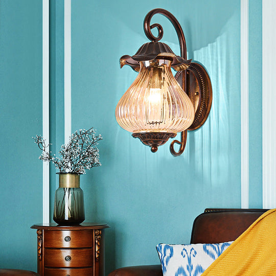 Industrial Black Lantern Wall Sconce Light With Ribbed Glass And Weathered Copper Finish - Bedroom