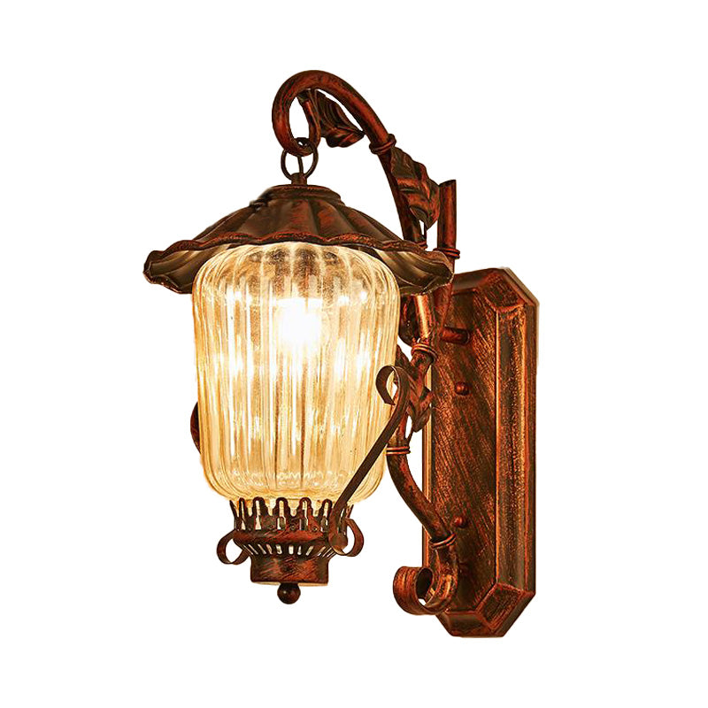 Industrial Black Lantern Wall Sconce Light With Ribbed Glass And Weathered Copper Finish - Bedroom