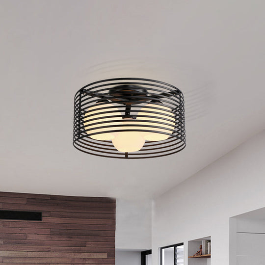 Nordic Metal 3-Light Semi Flush Mount Lamp with Round Iron Cage for Bedroom Ceiling - Black/White