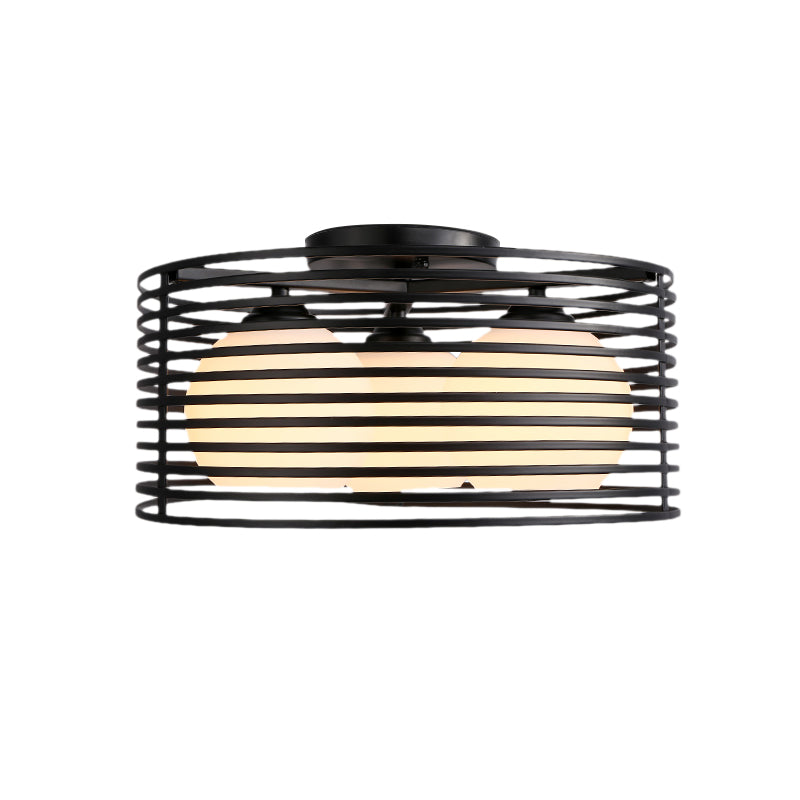 Nordic Metal 3-Light Semi Flush Mount Lamp with Round Iron Cage for Bedroom Ceiling - Black/White