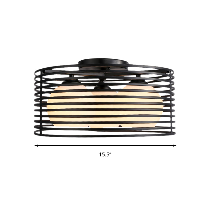 Nordic Metal 3-Light Semi Flush Mount Lamp with Round Iron Cage for Bedroom Ceiling - Black/White