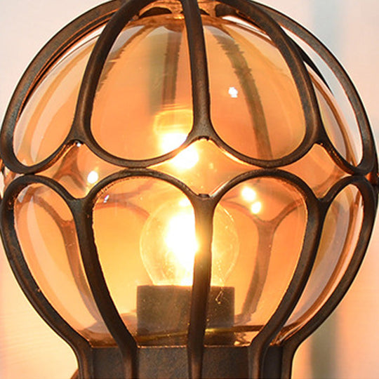 Amber Glass Industrial Wall Sconce Lamp - Globe Living Room Fixture In Black/Gold/Bronze 3 Sizes