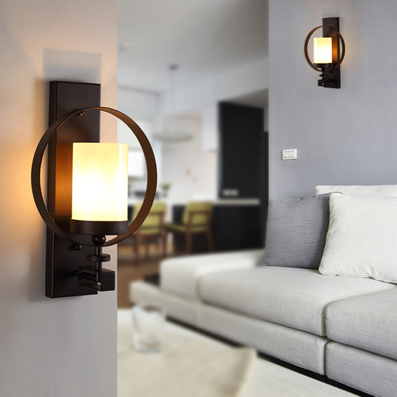 Black Opal Glass Wall Mounted Light Fixture - Industrial 1 Bulb Cylinder Lighting For Living Room