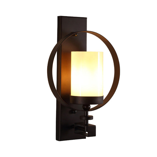 Black Opal Glass Wall Mounted Light Fixture - Industrial 1 Bulb Cylinder Lighting For Living Room