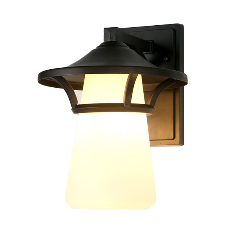 Industrial Black Wall Sconce With Cone/Flared Opal Glass Shade - Entryway Light Fixture