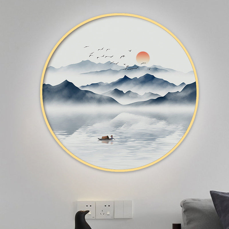 Modern Round Acrylic Wall Sconce Light - Asian Grey/Blue Mountain River Design Warm/White Led