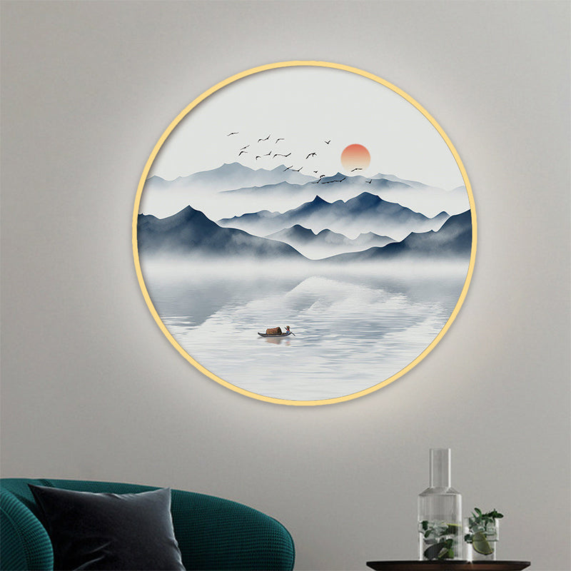 Modern Round Acrylic Wall Sconce Light - Asian Grey/Blue Mountain River Design Warm/White Led