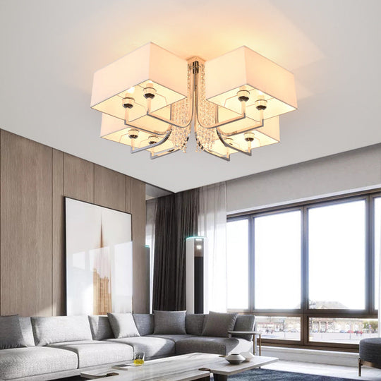 Contemporary Crystal Drop Ceiling Light Fixture with White Cubic Fabric Shade, 23.5"/31.5" Wide