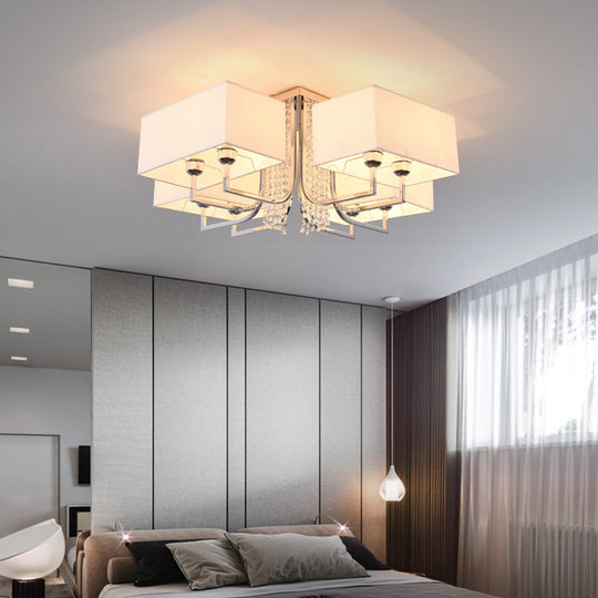 Contemporary Crystal Drop Ceiling Light Fixture with White Cubic Fabric Shade, 23.5"/31.5" Wide