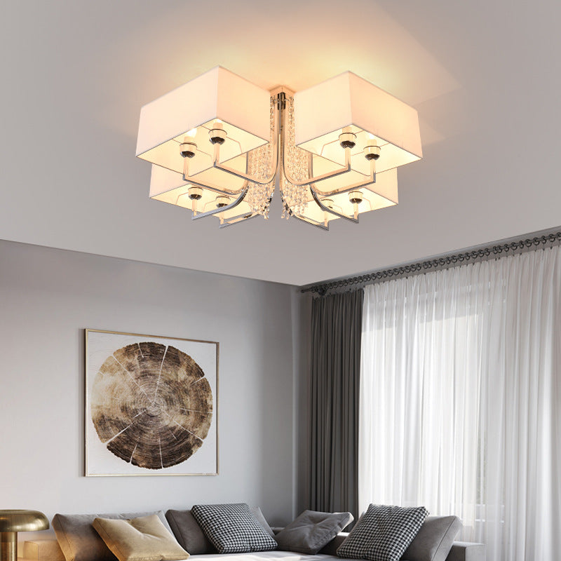 Contemporary Crystal Drop Ceiling Light Fixture with White Cubic Fabric Shade, 23.5"/31.5" Wide