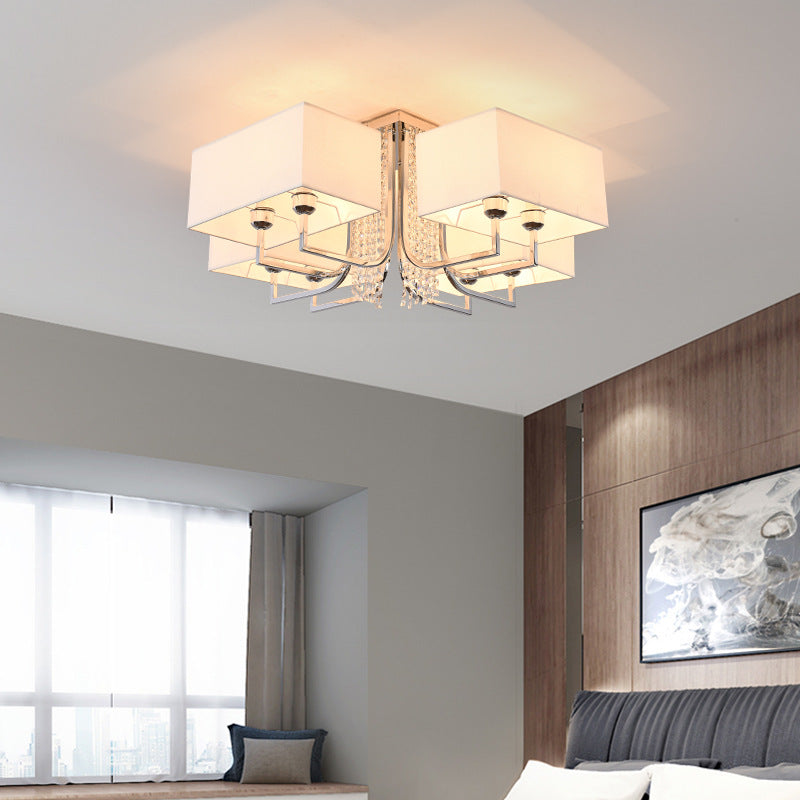 Contemporary Crystal Drop Ceiling Light Fixture with White Cubic Fabric Shade, 23.5"/31.5" Wide