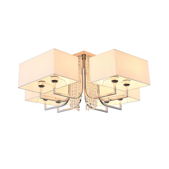 Contemporary Crystal Drop Ceiling Light Fixture with White Cubic Fabric Shade, 23.5"/31.5" Wide