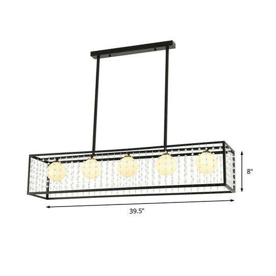 Modern 5-Head Black Island Light With White Glass And Crystal Shade