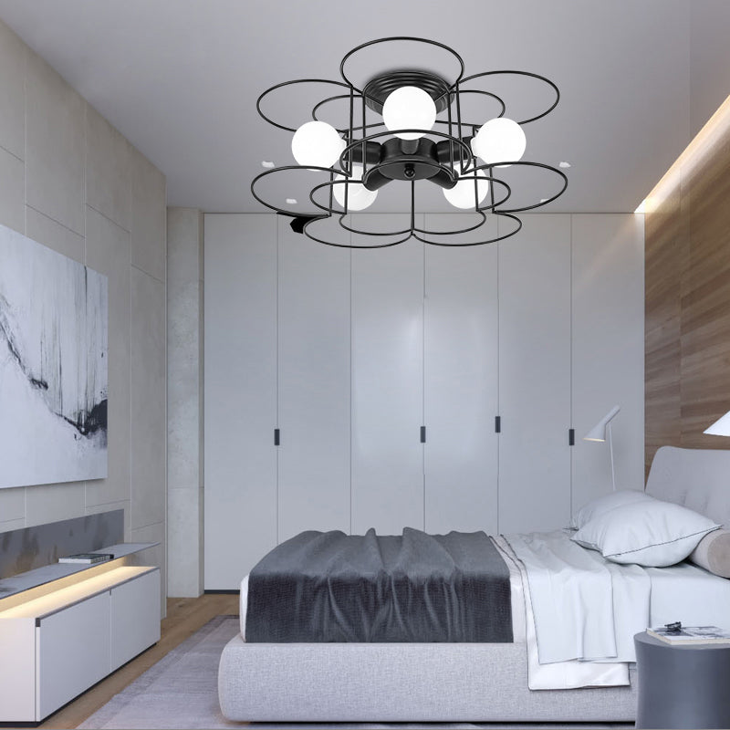 Modern Black/White Iron Frame Semi Flush Mount Chandelier - 5 Lights - Bedroom Ceiling Lighting