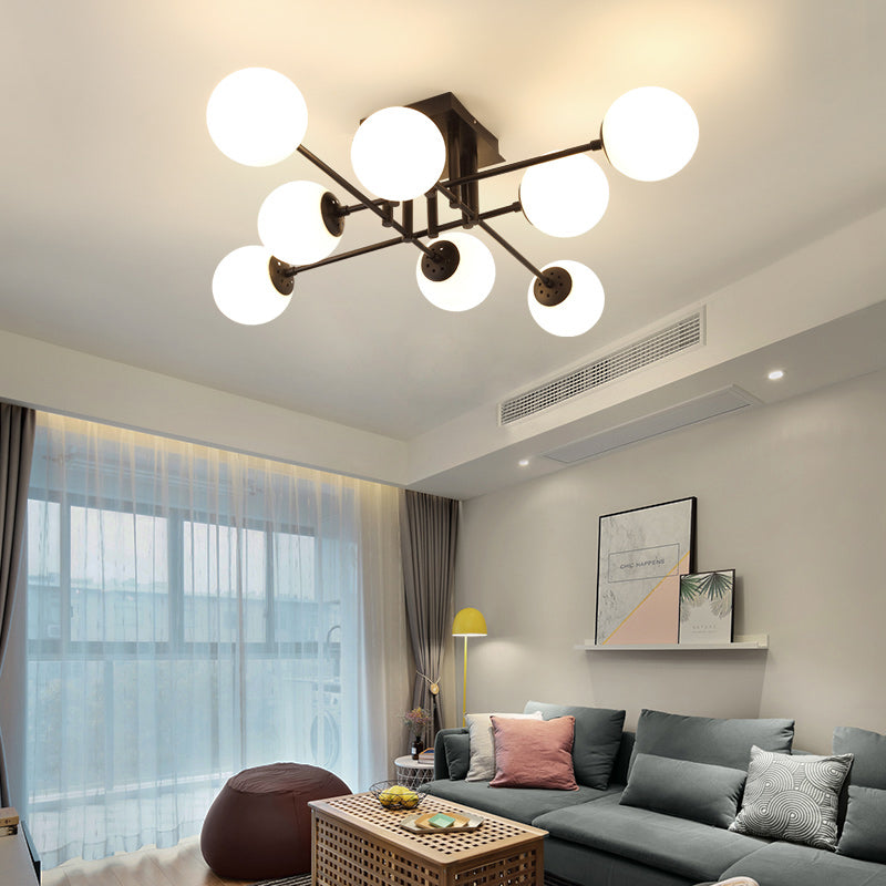 Nordic Metal Crossed Lines Semi Flush Ceiling Light - Black Flush Mount with Glass Shade - 3/8/12 Heads - Ideal for Living Room