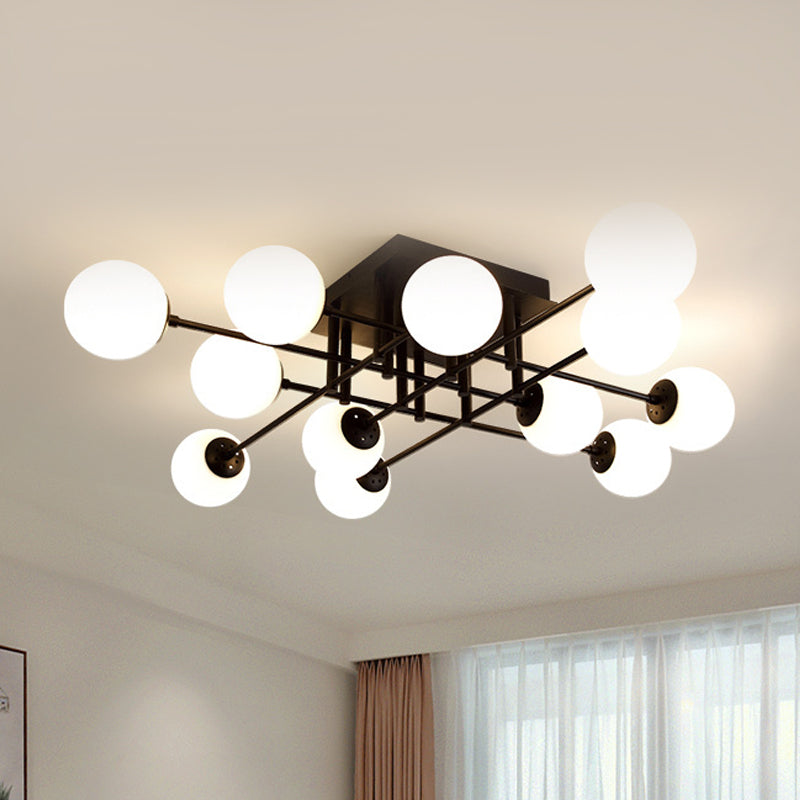 Nordic Metal Crossed Lines Semi Flush Ceiling Light - Black Mount With Glass Shade 3/8/12 Heads