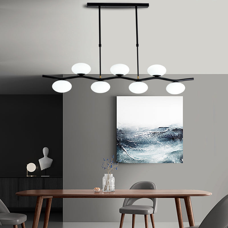 Modern Black Wavy Pendant Light - 7-Light White Glass Ceiling Island Lamp With Extendable Rods