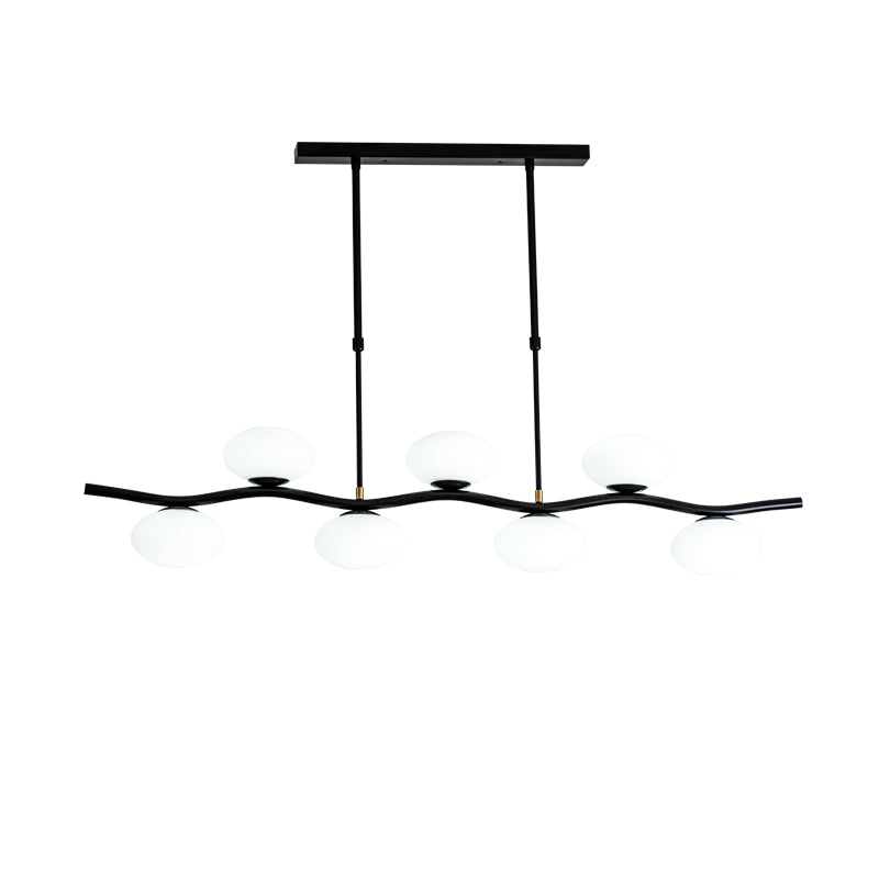 Modern Black Wavy Pendant Light - 7-Light White Glass Ceiling Island Lamp With Extendable Rods