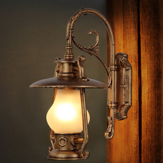 Frosted Glass Coastal Wall Mounted Lantern: Single Bulb Outdoor Sconce Light In Black/Aged Brass