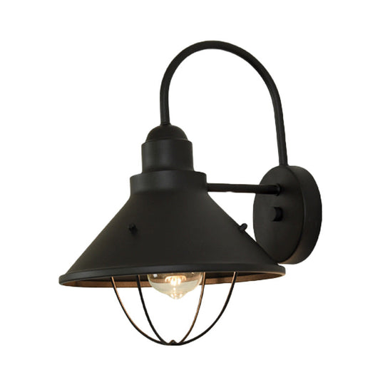 Industrial Black Metal Sconce With Cage And Cone Shade