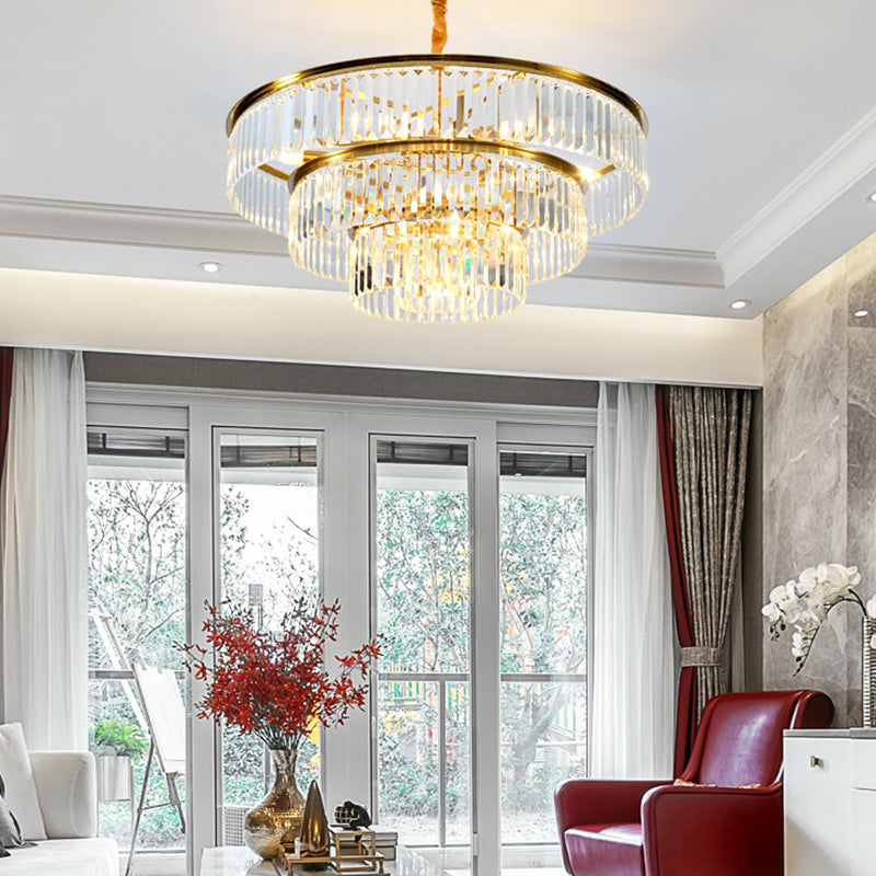 Contemporary Gold Metal Pendant Lamp With Crystal Block - 3-Tier Round Chandelier Light Fixture