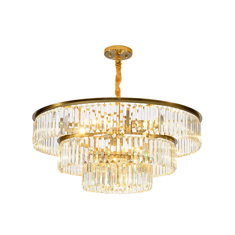 Lustre suspendu contemporain en métal doré avec bloc de cristal - Design rond à 3 niveaux