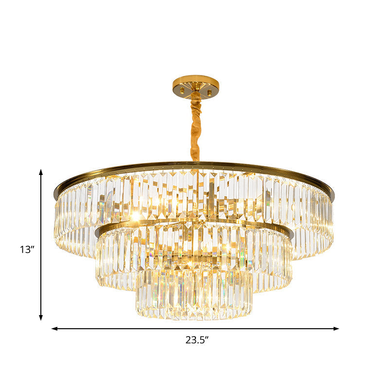 Contemporary Gold Metal Pendant Lamp With Crystal Block - 3-Tier Round Chandelier Light Fixture