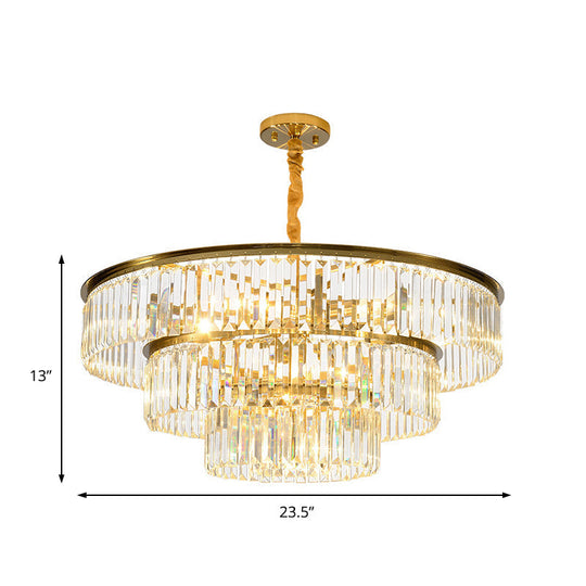 Contemporary Gold Metal Pendant Lamp With Crystal Block - 3-Tier Round Chandelier Light Fixture