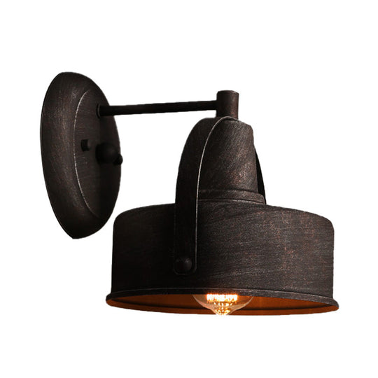 Antique Black Metal Sconce Light With Drum/Trumpet Shade - Retro Rustic Wall Lamp Fixture 1-Light