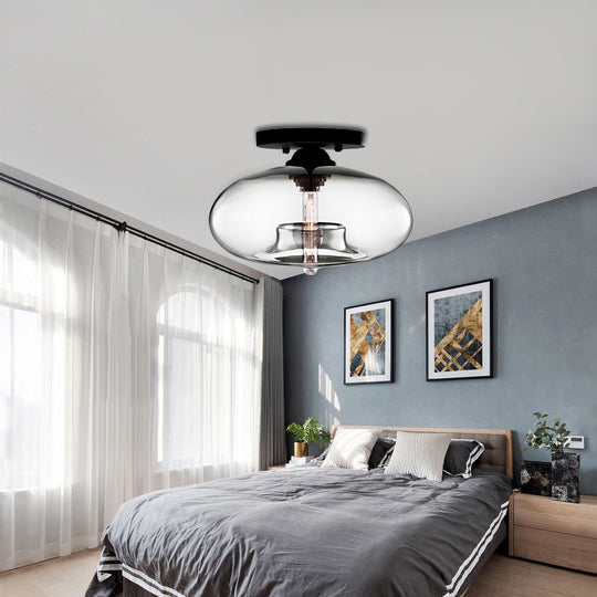 Simple Style Glass Oval Flush Mount Lamp With 1 Light - Clear/Amber/Smoky Ceiling Fixture For