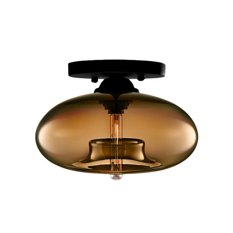 Simple Style Glass Oval Flush Mount Lamp With 1 Light - Clear/Amber/Smoky Ceiling Fixture For