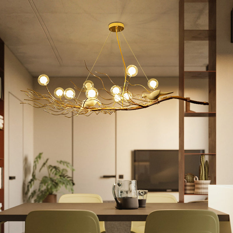 Modern Gold Branch Pendant Light With Clear Glass Island Lamp - 10-Light Design Birds Ideal For