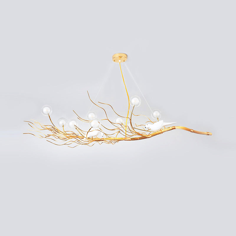 Modern Gold Branch Pendant Light With Clear Glass Island Lamp - 10-Light Design Birds Ideal For