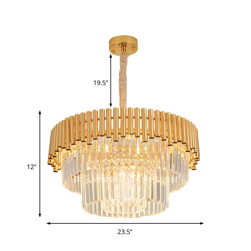 Lustre moderne à prismes - Lampe multi-lumières en cristal et métal avec finition en laiton