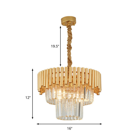 Lustre moderne à prismes - Lampe multi-lumières en cristal et métal avec finition en laiton