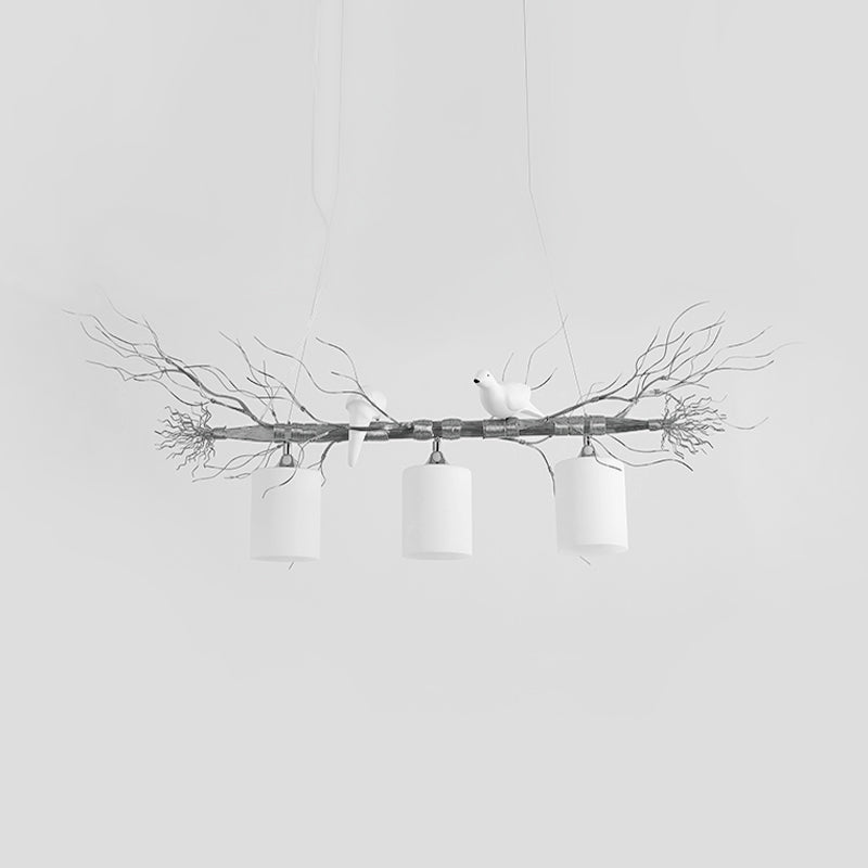 Modern 3-Head White Glass Pendant Light With Gold/Silver Branch - Cylinder Ceiling Island Fixture